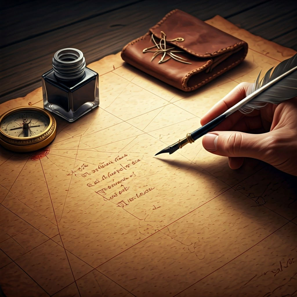 Close view of a mariner jotting notes on a faded portolan chart beside compass needles and inkpot