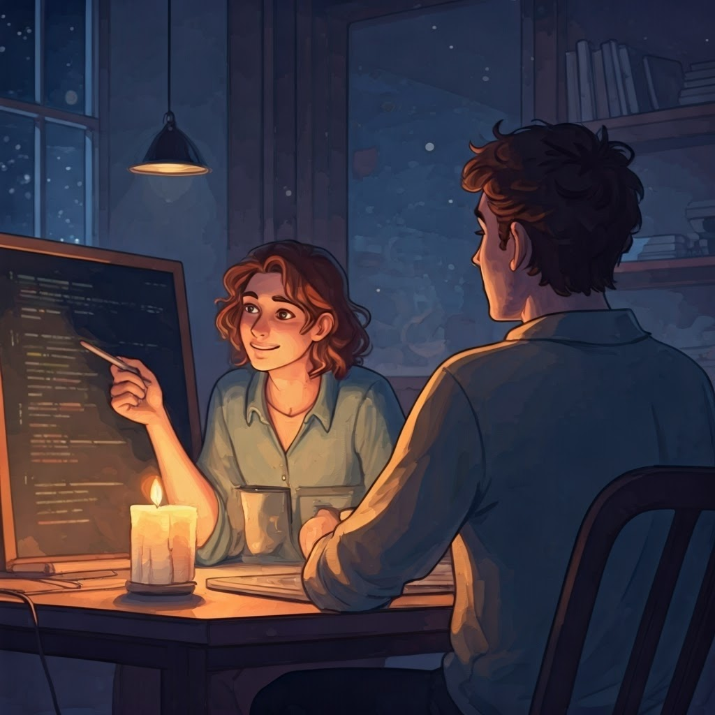 Two late-night colleagues review chalkboard code while sharing coffee, capturing quiet collaboration.