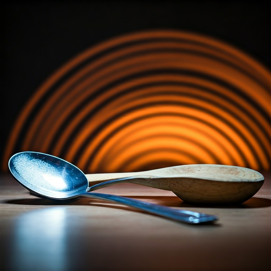 Metal spoon and wooden spoon side by side; thermal waves streak outward, metal tinted cool blue and wood warm amber.