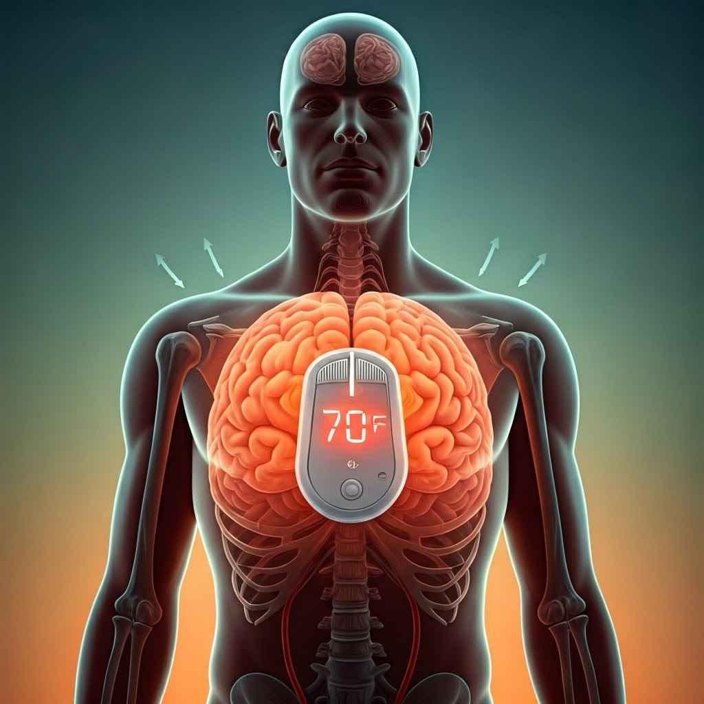 Illustration of a body as a home with a thermostat, symbolizing the set-point that regulates body weight