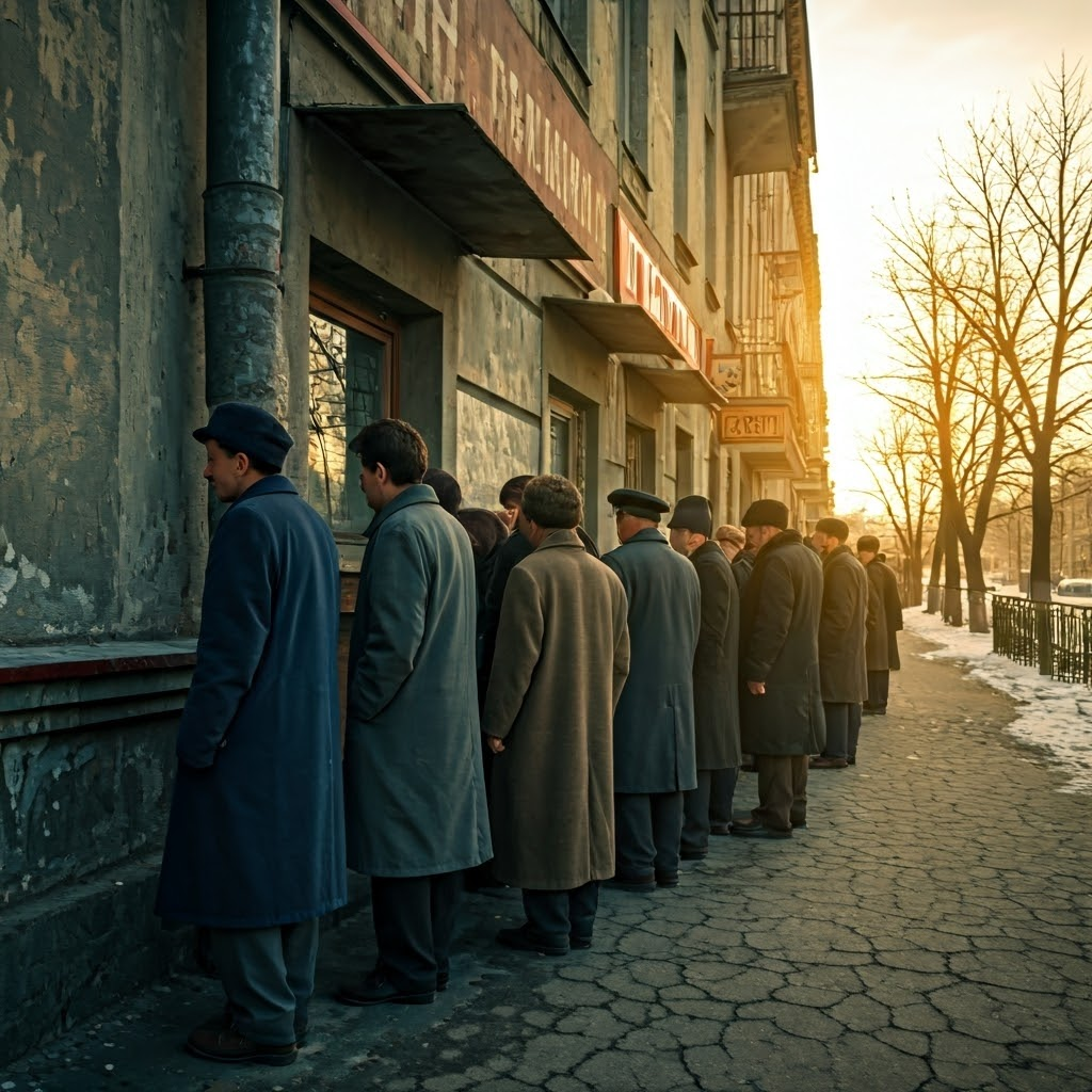 Long queue of Soviet citizens in heavy coats outside a Moscow bakery at sunrise, suggesting scarcity and lingering hope