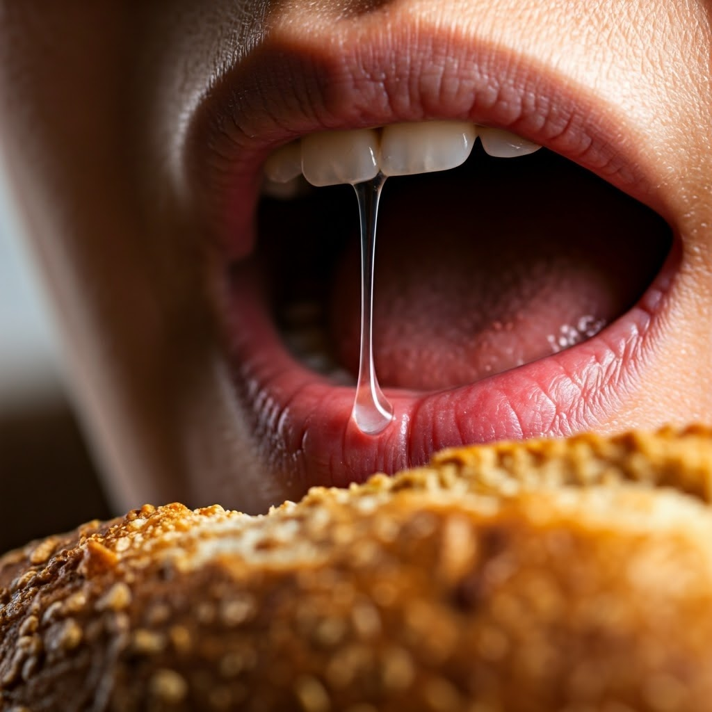 Macro view of saliva stretching from teeth to bread, showing enzymes meeting starch.
