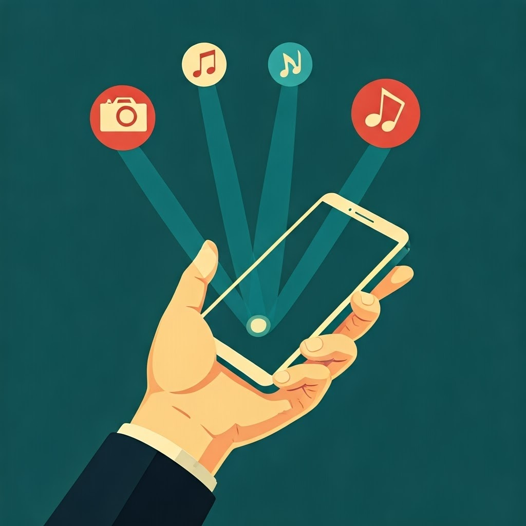 Retro-futuristic poster of a hand holding a smartphone that beams out icons for camera, music, maps, and payments.