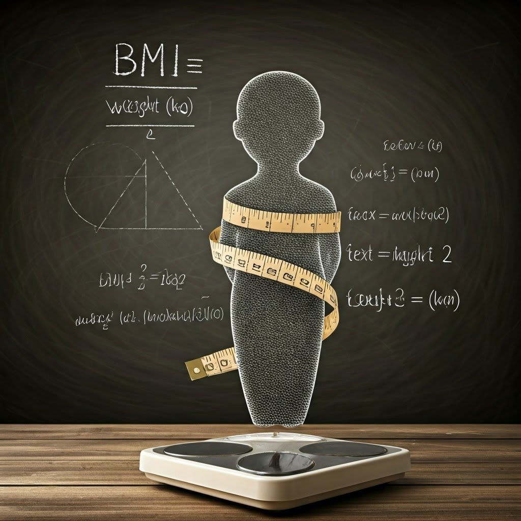 Infographic displays BMI formula and measuring tape to explain common body-size metrics