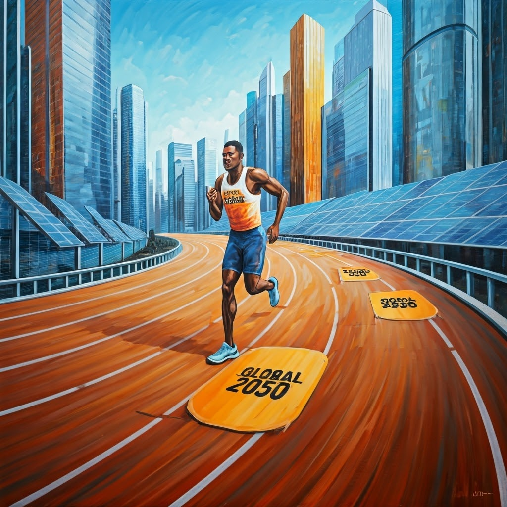 Athletes race toward 2030 and 2050 milestones on a track through a solar-powered city, symbolizing emission goals.