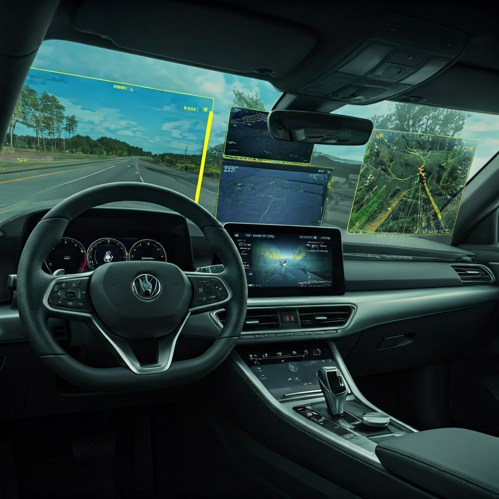 Interior of a self-driving car cockpit showing camera feeds and sensor data merged into a 3D map
