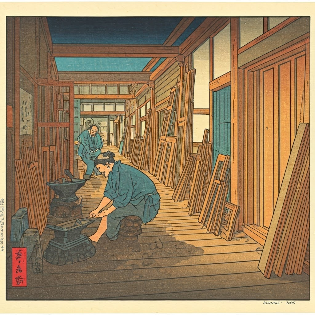 Japanese woodblock print of bustling workshop row with shoemaker and blacksmith