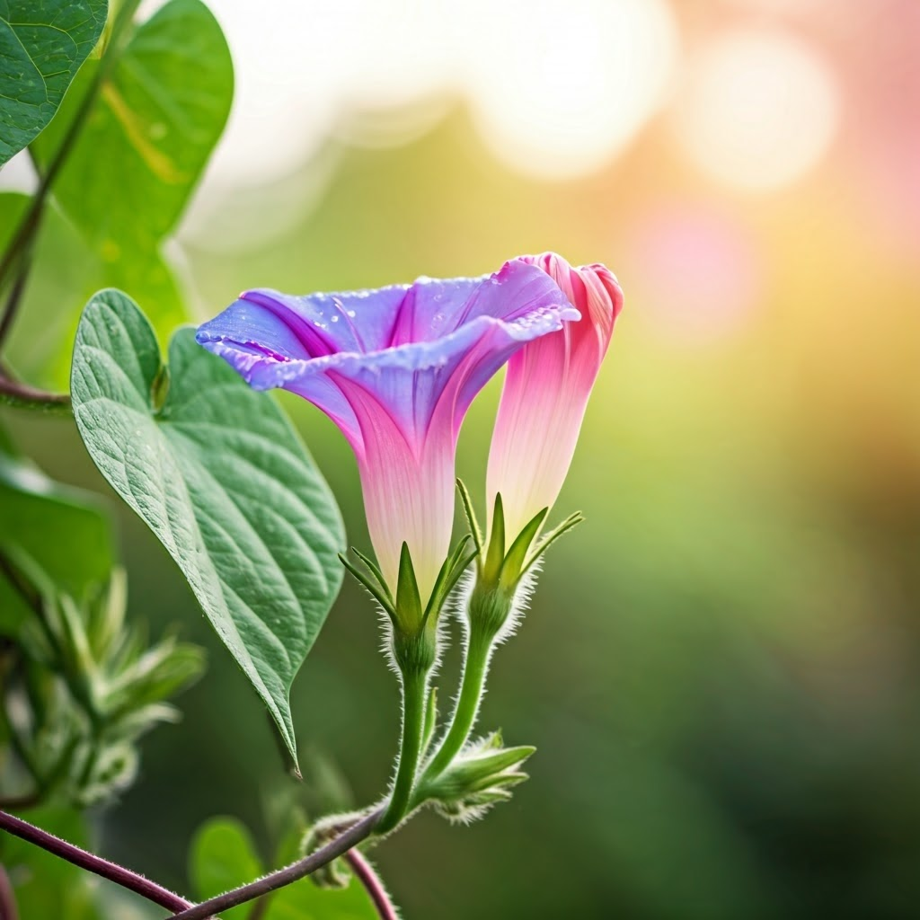 Morning glory flowers softly glowing at dawn, petals unfurling to greet early sunlight