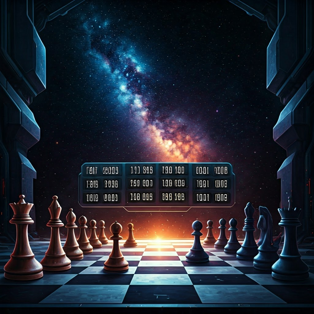 Starlit chessboard with glowing pieces forecasting future points
