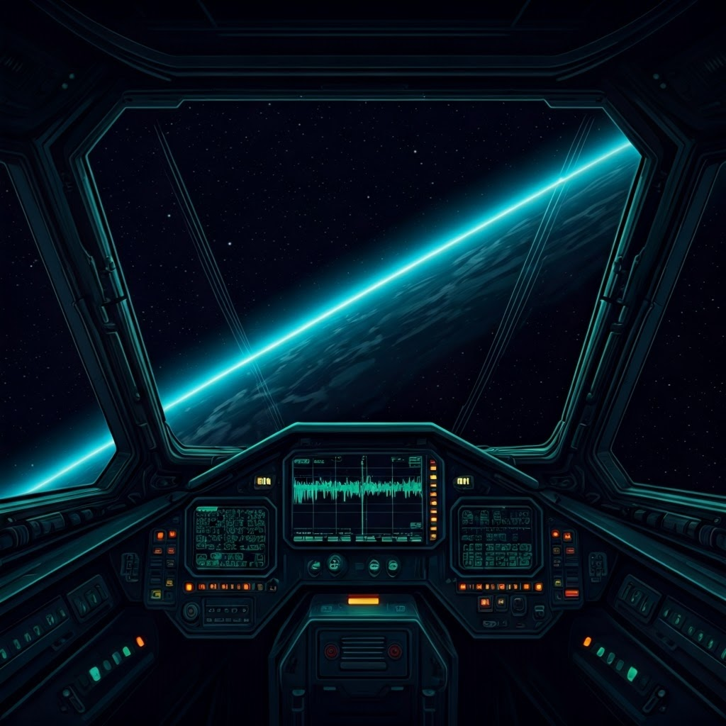 A dimly lit spacecraft cockpit shows radio spectra peaks while colored data beams stream into starry space, hinting at precise frequency control.