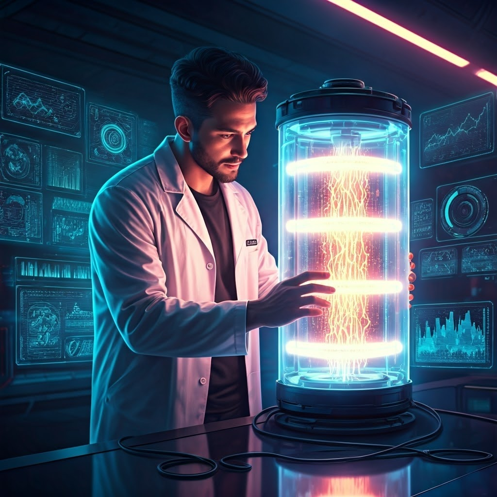 Engineer examines a glowing oversized battery cell in a neon-lit cyberpunk lab, holographic graphs show ion flow and voltage