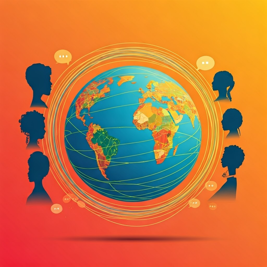 Vector art of dialogue bubbles turning into threads that weave a colorful globe, suggesting a network of global conversations.