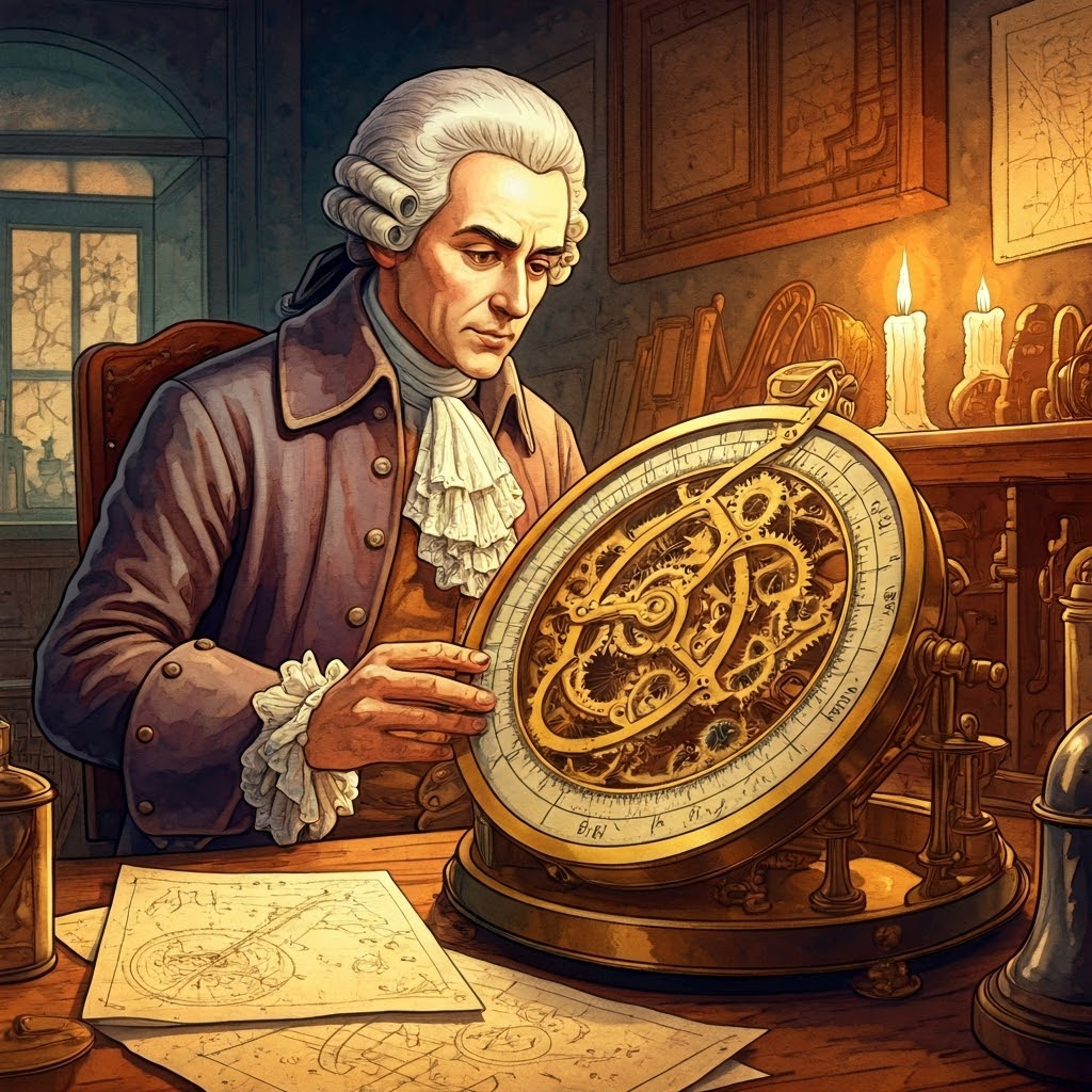 Workshop scene—German mathematician inspects a brass Step Reckoner with exposed gears under warm candlelight.