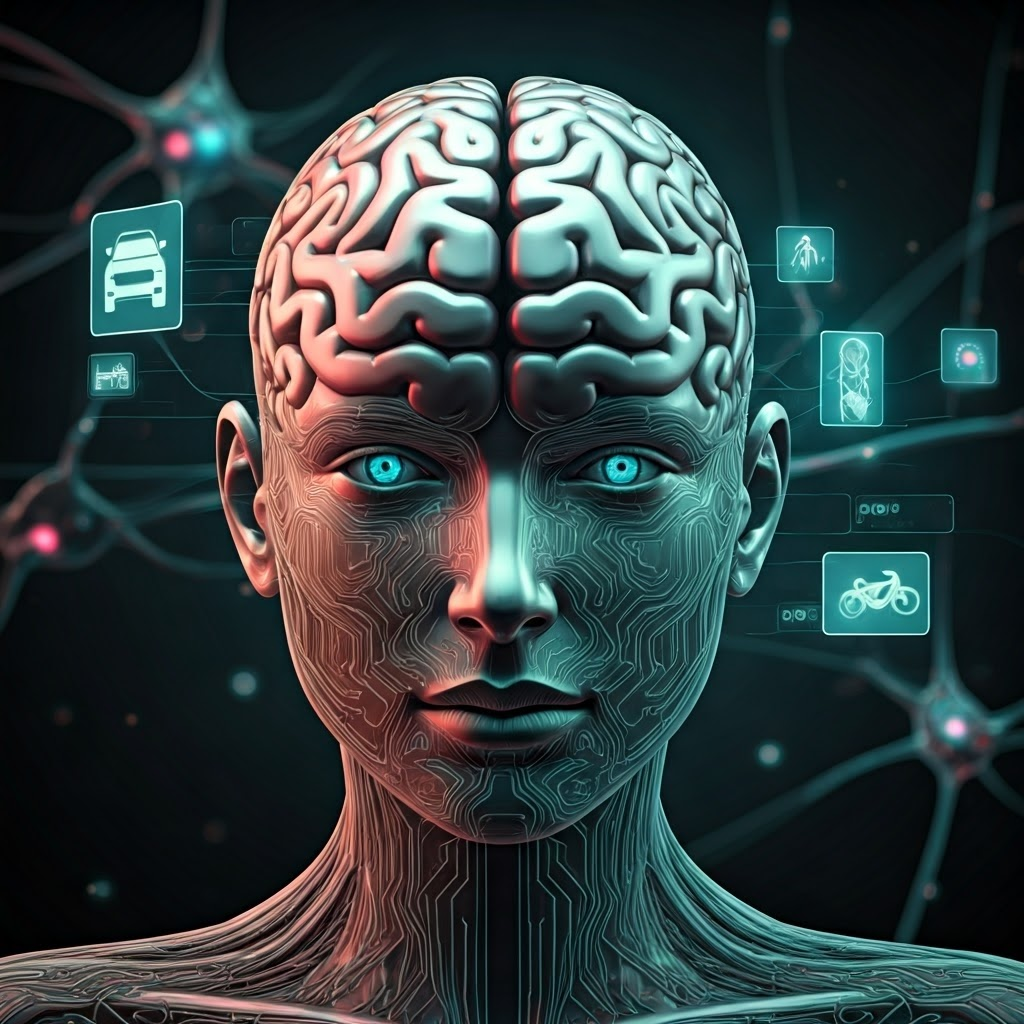 Digital brain graphic inside dashboard classifying road users like cars bikes and traffic lights with glowing neural circuits