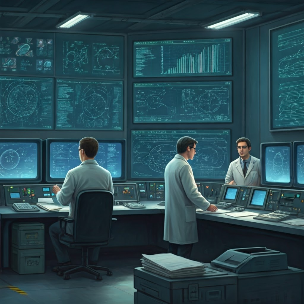Busy mission control with scientists, engineers, and budget analysts working together under large screens that show spacecraft diagrams and funding charts.