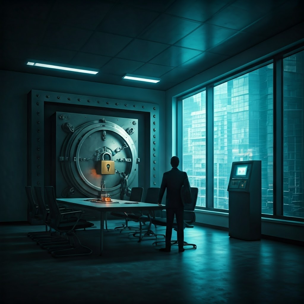 Executives guard a vault labeled “AI Model” while a nearby public library offers free access to tech.