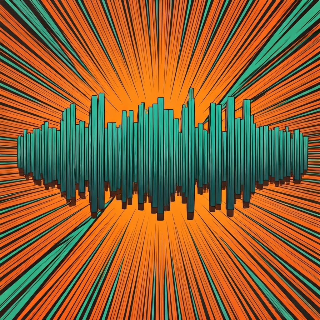 Giant vibrating string with pop-art amplitude spikes, speech bubble highlighting amplitude concept.