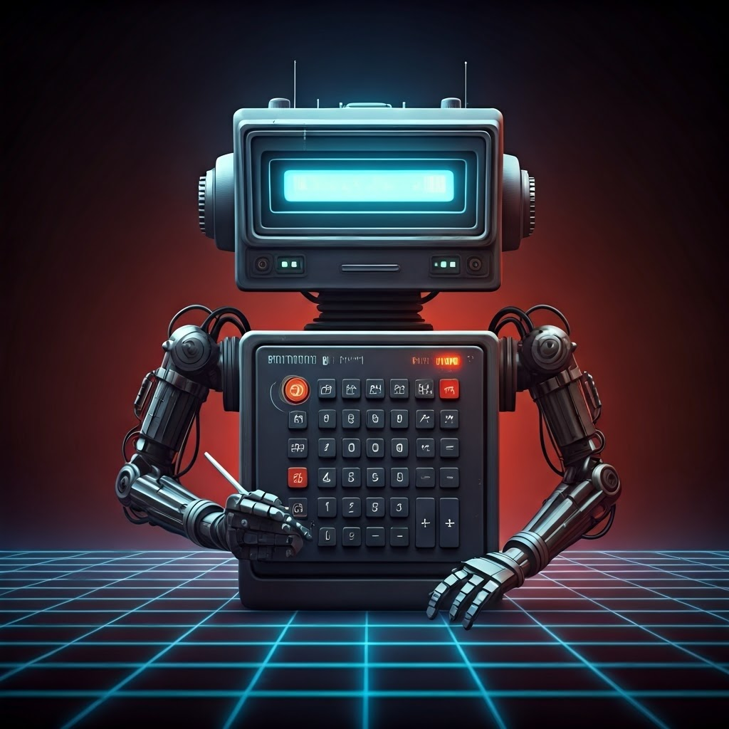 Retro-futuristic robot with calculator face rapidly typing a transcript
