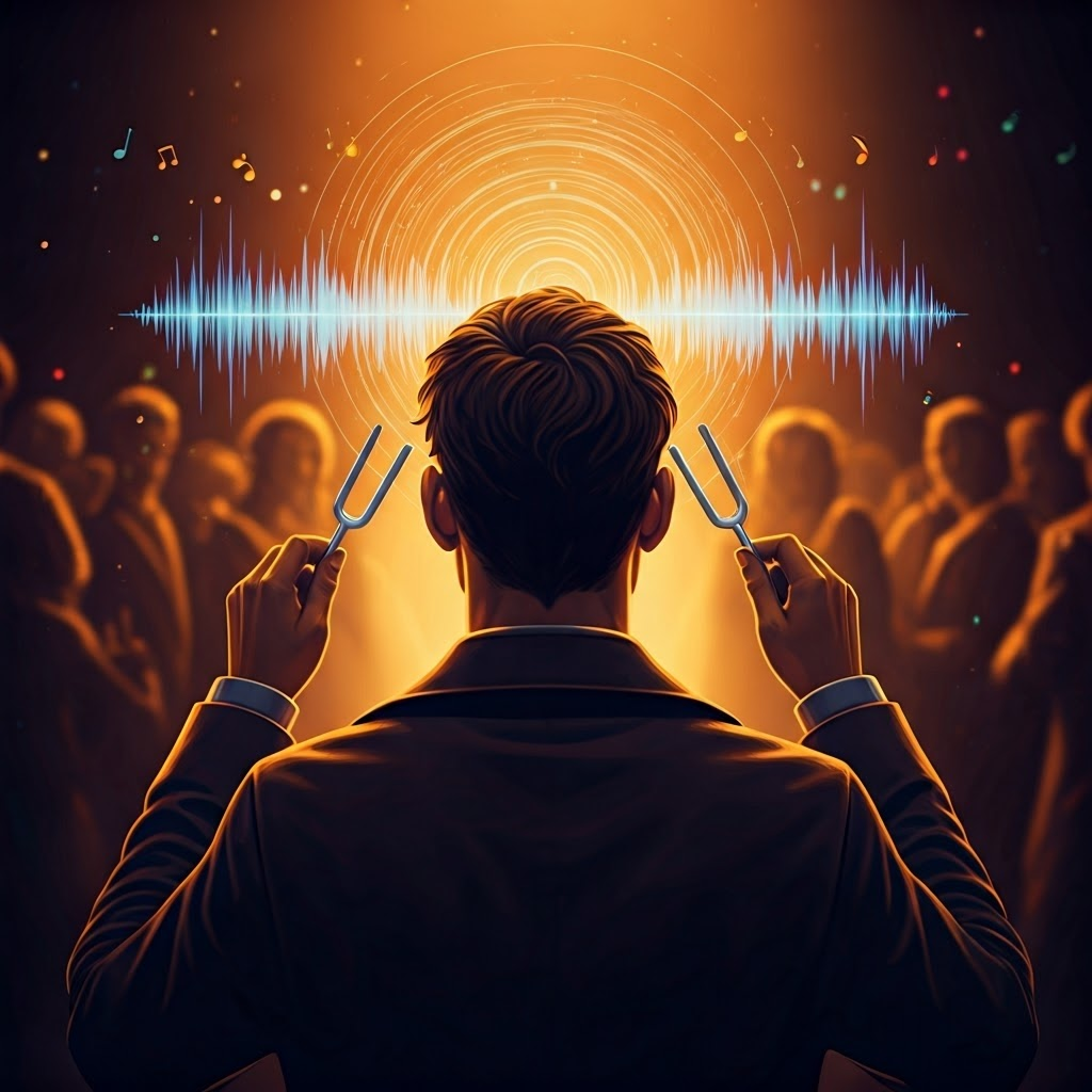 Illustration of a person at a noisy party, their glowing ears channeling colorful sound waves into the brain to show selective listening.