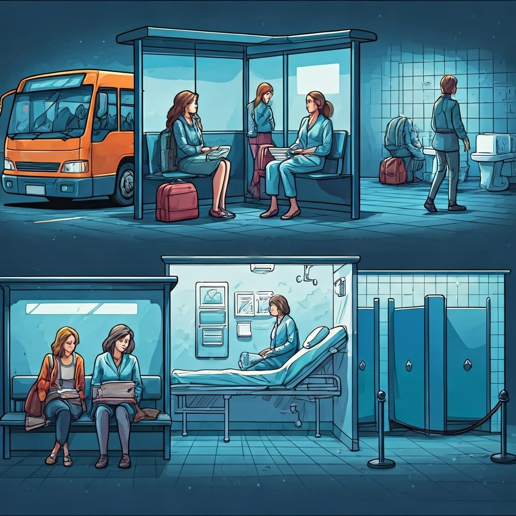 Three scenes connect: a crowded bus stop, a hospital delay, and a long restroom queue—all linked by dotted data lines.