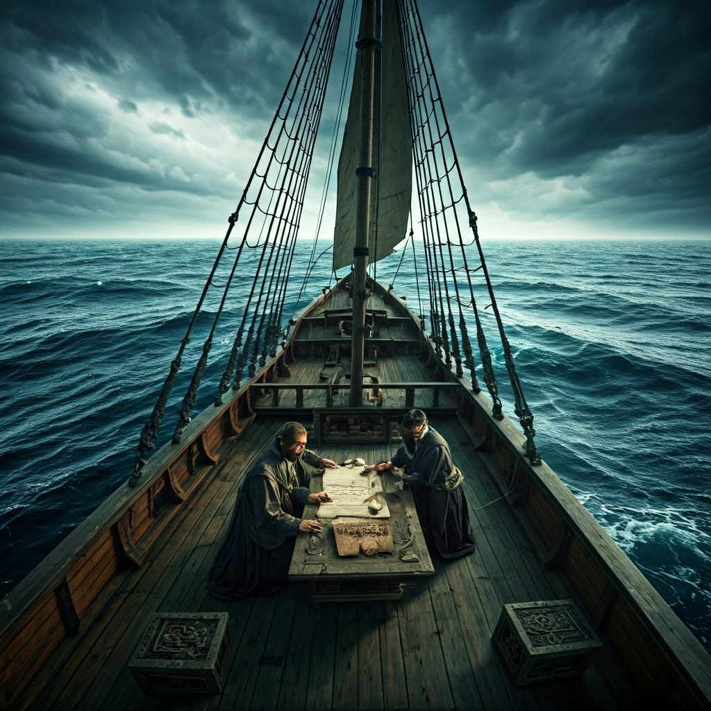 Wooden galleon battling towering waves while missionaries study local artifacts on deck, illustrating perilous Atlantic crossings