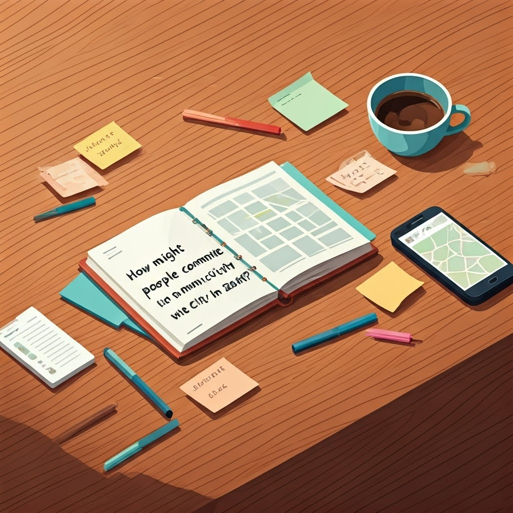 Desk with notebook, smartphone map, and sticky notes reading drivers and uncertainties for scenario planning