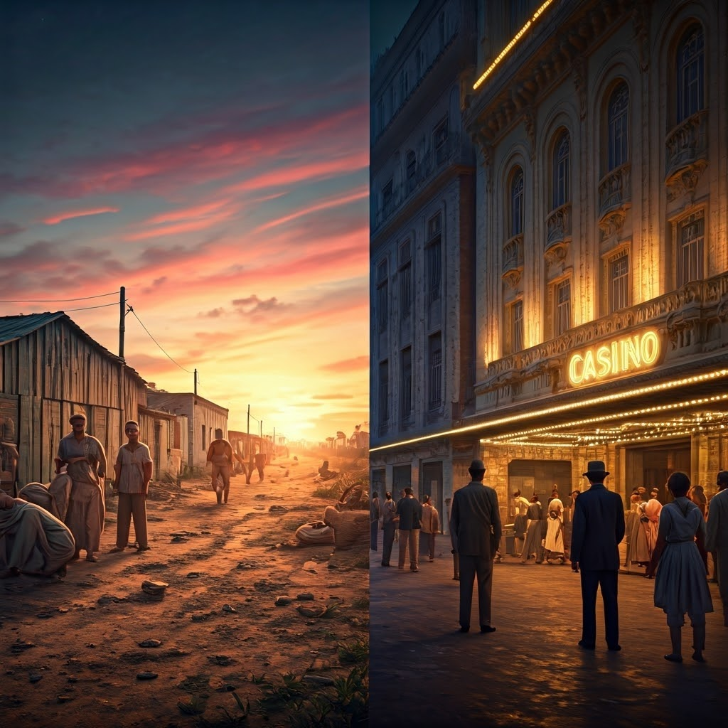 Neon Havana casino contrasts with rural poverty in 1950s Cuba.