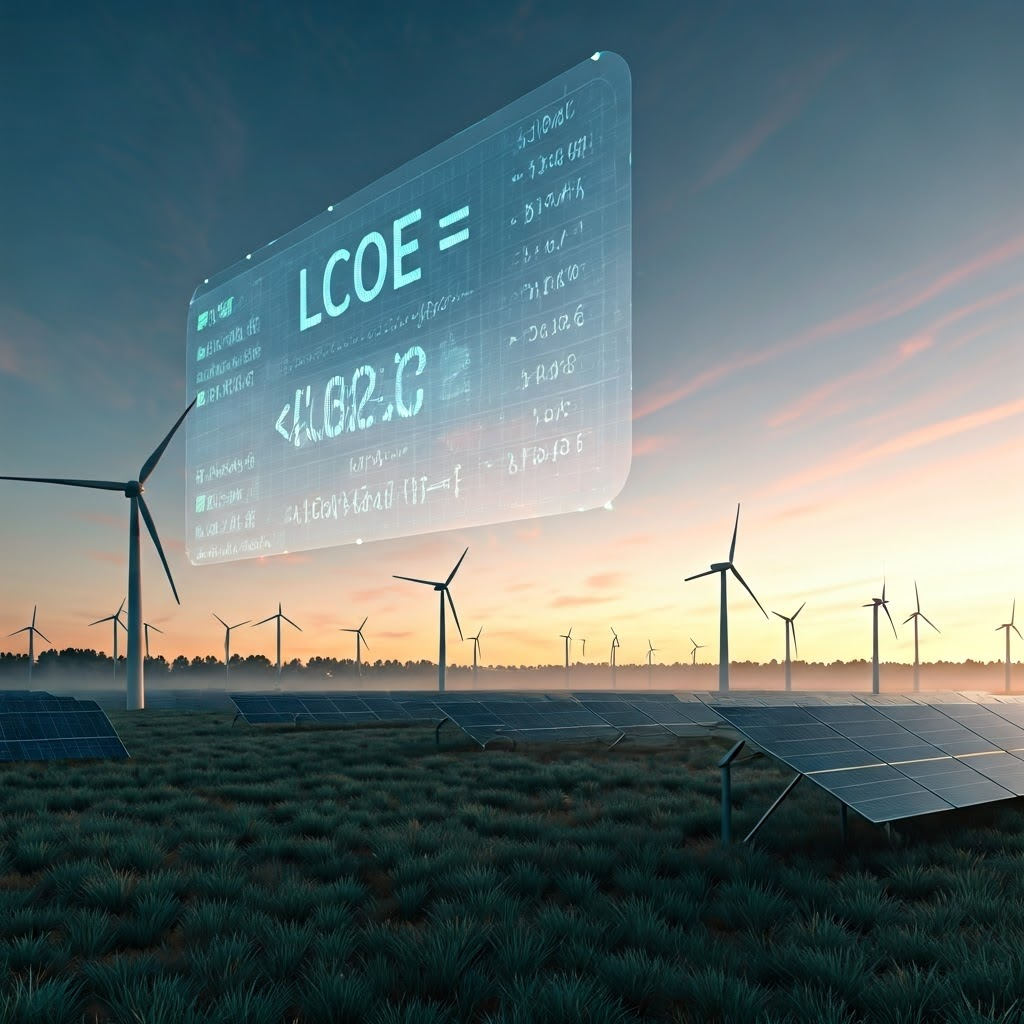 Rows of wind turbines and solar panels stretch across a dawn landscape while a floating formula shows total cost divided by total output.