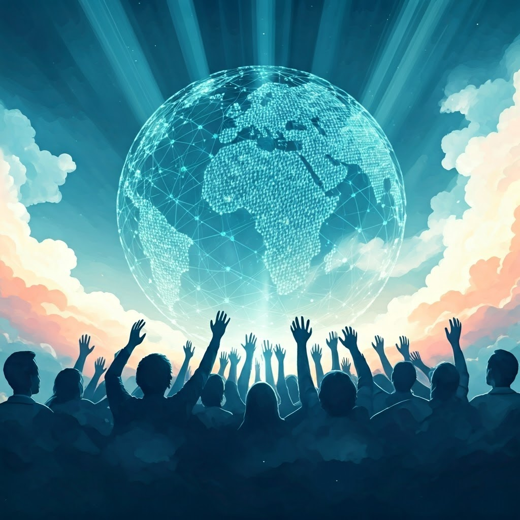 Dreamlike watercolor painting of a glowing blue sphere made of interconnected code lines hovering above diverse people from around the world reaching up in unity. Soft pastel gradients blend sky, clouds, and ethereal light beams framing the sphere. The figures are depicted in simplified silhouettes wearing modern clothing. Poetic, impressionistic style with gentle brush strokes and luminous ambience symbolizing global trust in code.