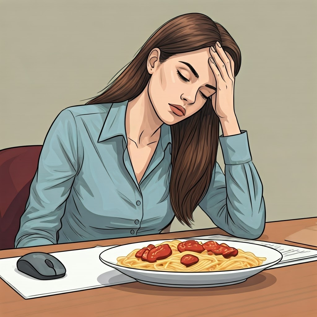 Tired office worker holding her head beside a plain pasta plate, illustrating post-meal fatigue