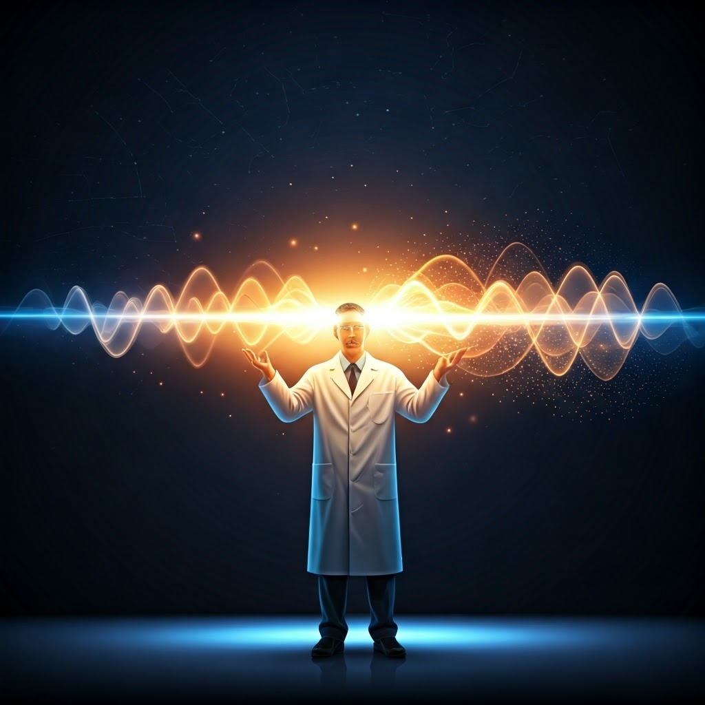 Glowing beam splits into smooth waves and discrete points, symbolizing light’s dual nature in a dark lab with star-like dots