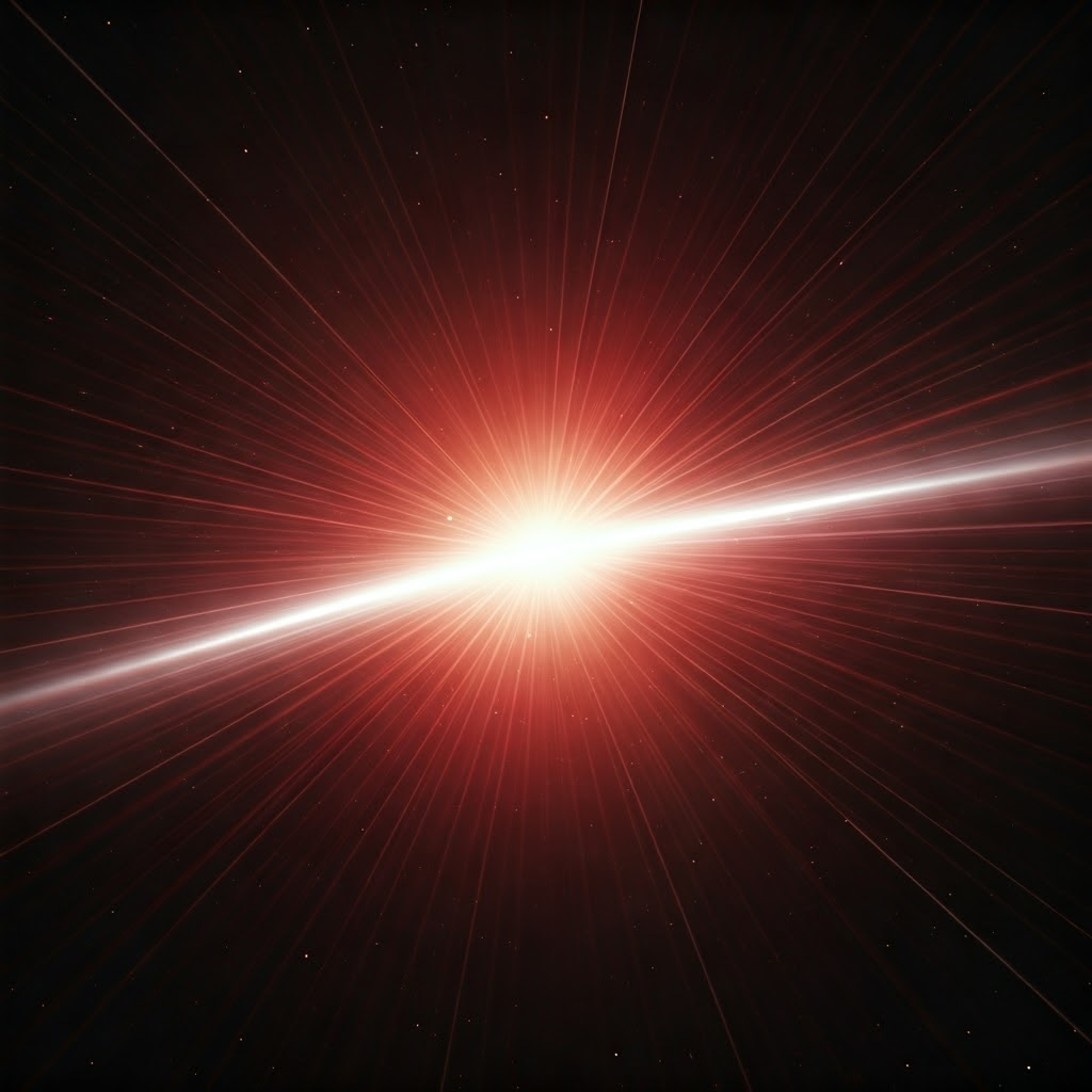 A tiny bright point expands into vibrant cosmic clouds, hinting at space-time unfurling