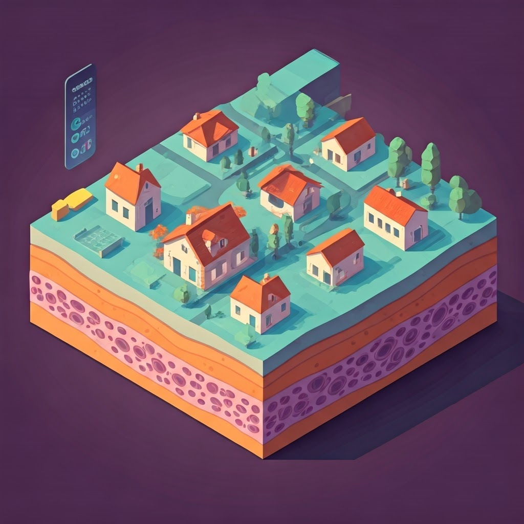 Isometric tissue slice mapped like a city with houses as cell types and gene signals as icons, illustrating spatial genomics.