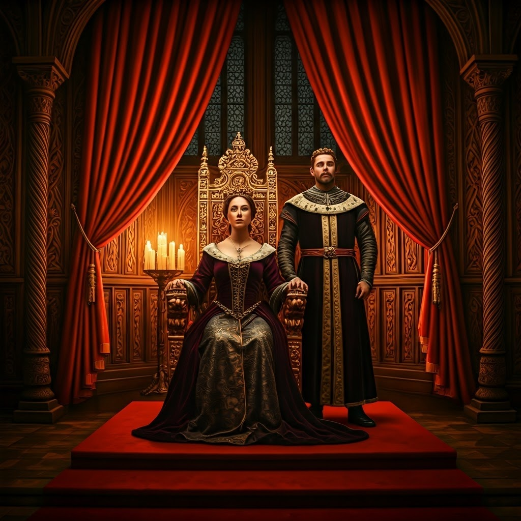 Regal queen in a candle-lit medieval throne room, symbolizing dynastic power and tradition