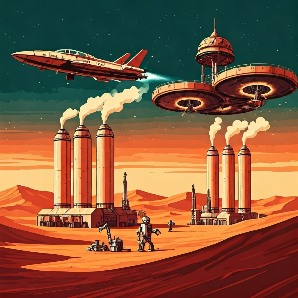 Retro outpost on Mars shows factories making fuel while a ship docks at an orbital depot.