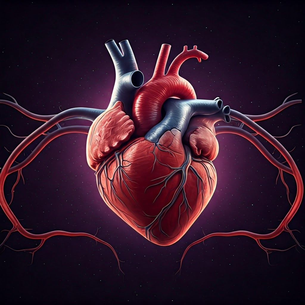 A glowing heart sphere floats among arteries and veins against a starry backdrop