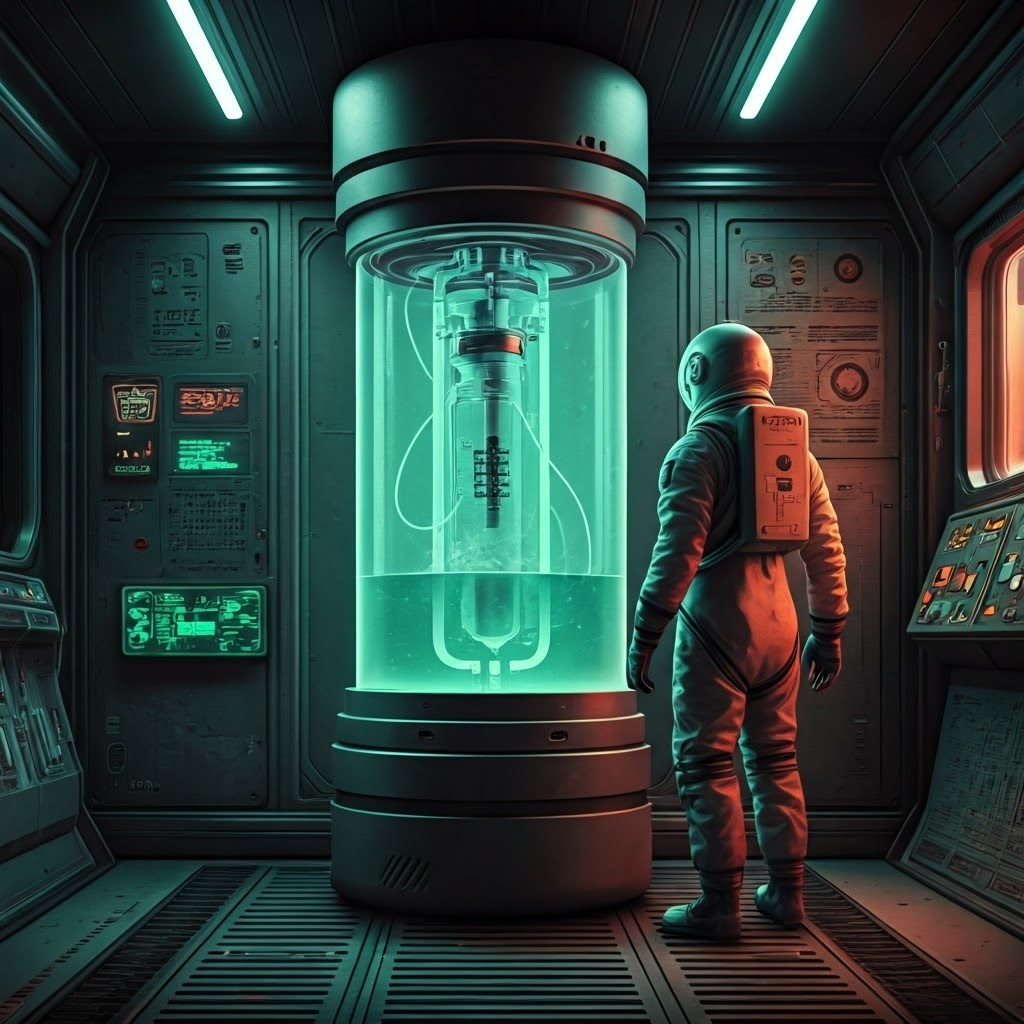 Astronaut observes a glowing water recycling unit as reclaimed moisture turns into drinking water in microgravity.