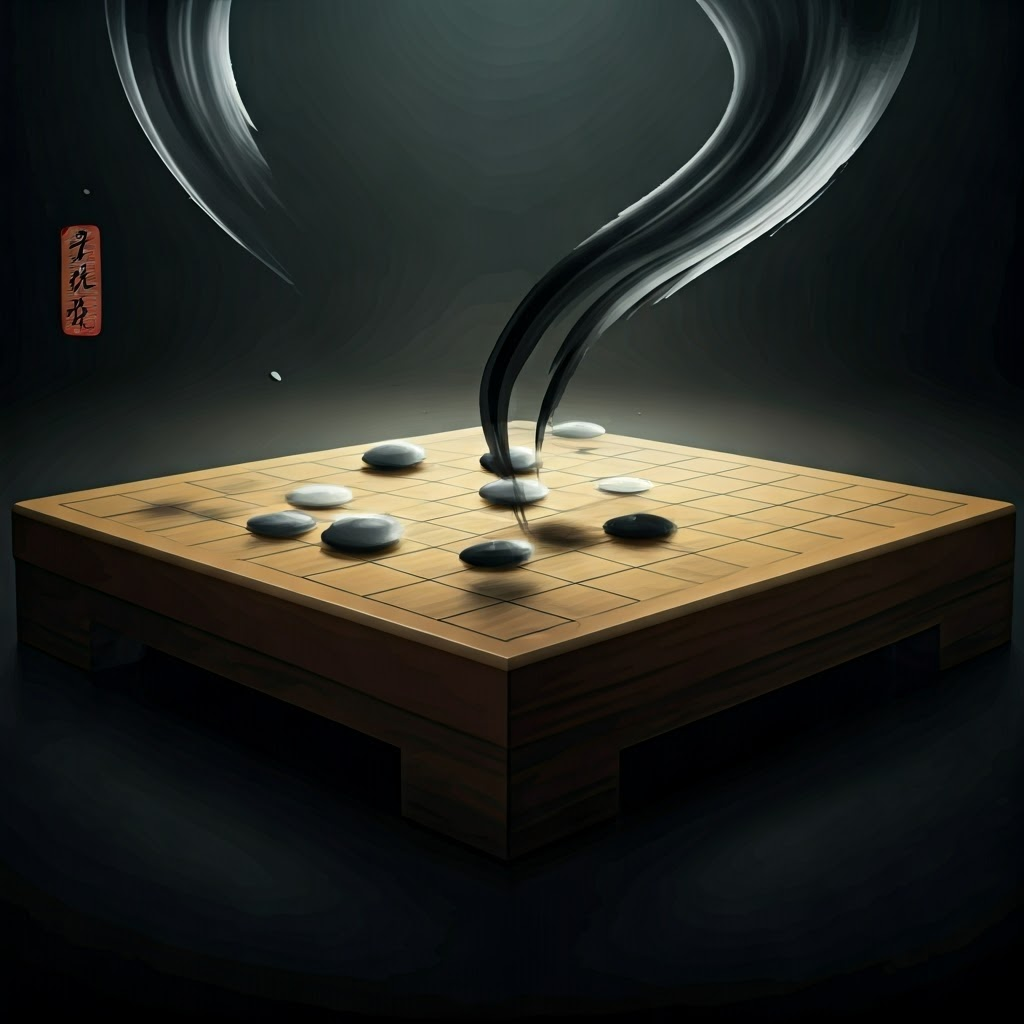 Digital ink painting of a Go board with glowing stones moving themselves, highlighting AI self-improvement