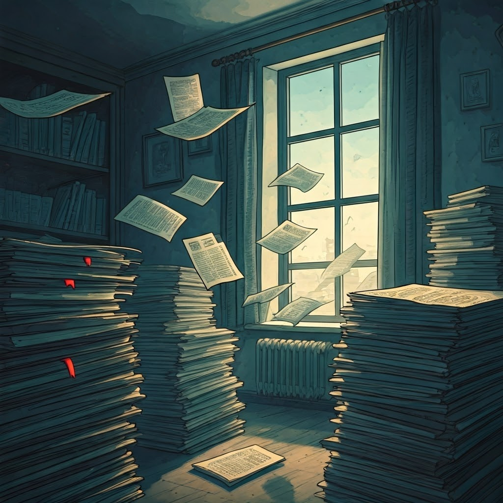 Scattered secret files and banned books swirling in a draft inside a Soviet office showing censorship fading