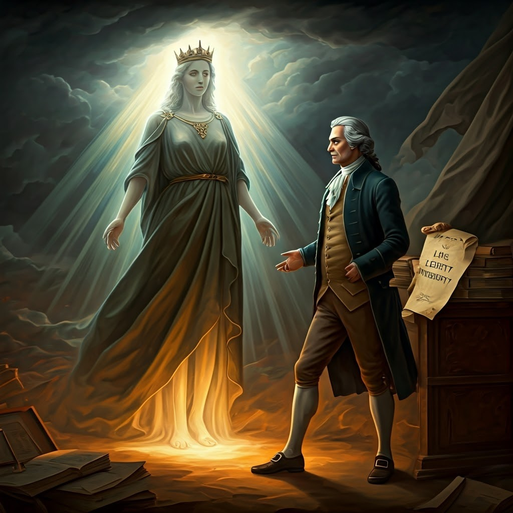 A fading crown dissolves opposite a philosopher holding “Life, Liberty, Property,” amid dramatic light and stormy skies.