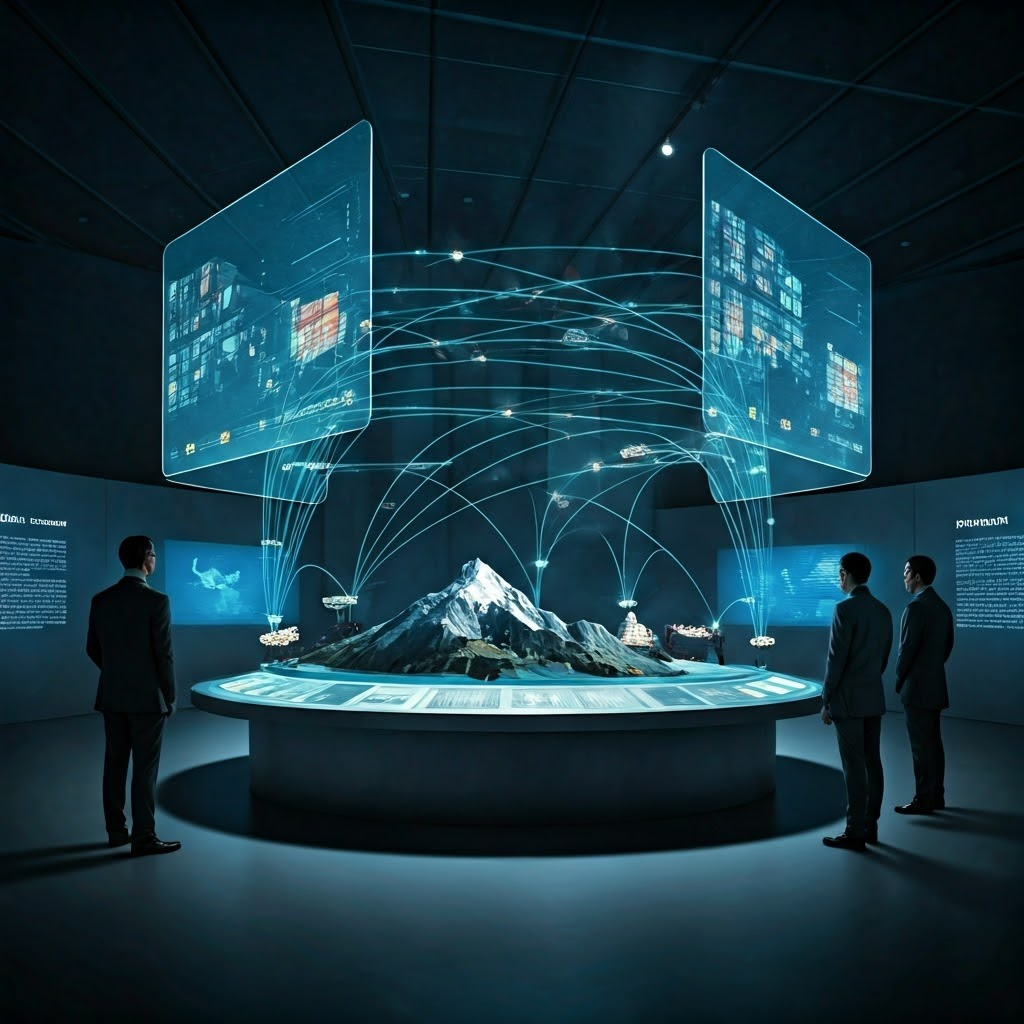 Futuristic museum hologram mapping Potosí-centered trade routes to illustrate silver's worldwide impact.