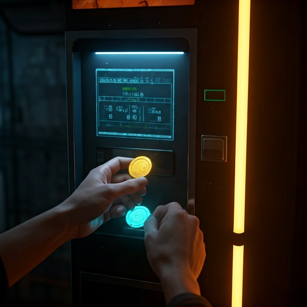A vending machine dispenses different virtual coins, symbolizing an automated market maker that balances token supplies.