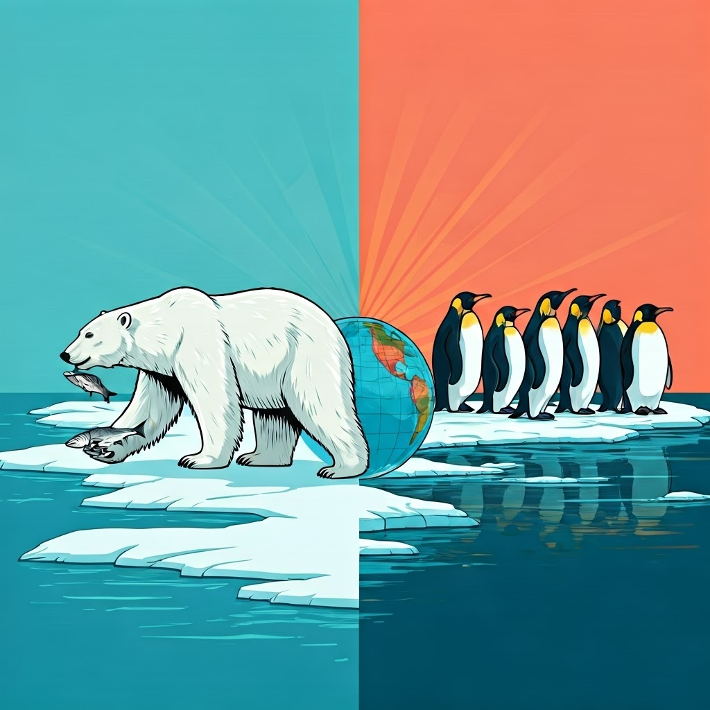 A pop-art split scene: a polar bear on Arctic ice faces away from emperor penguins on Antarctic floes—visualizing wildlife worlds apart.