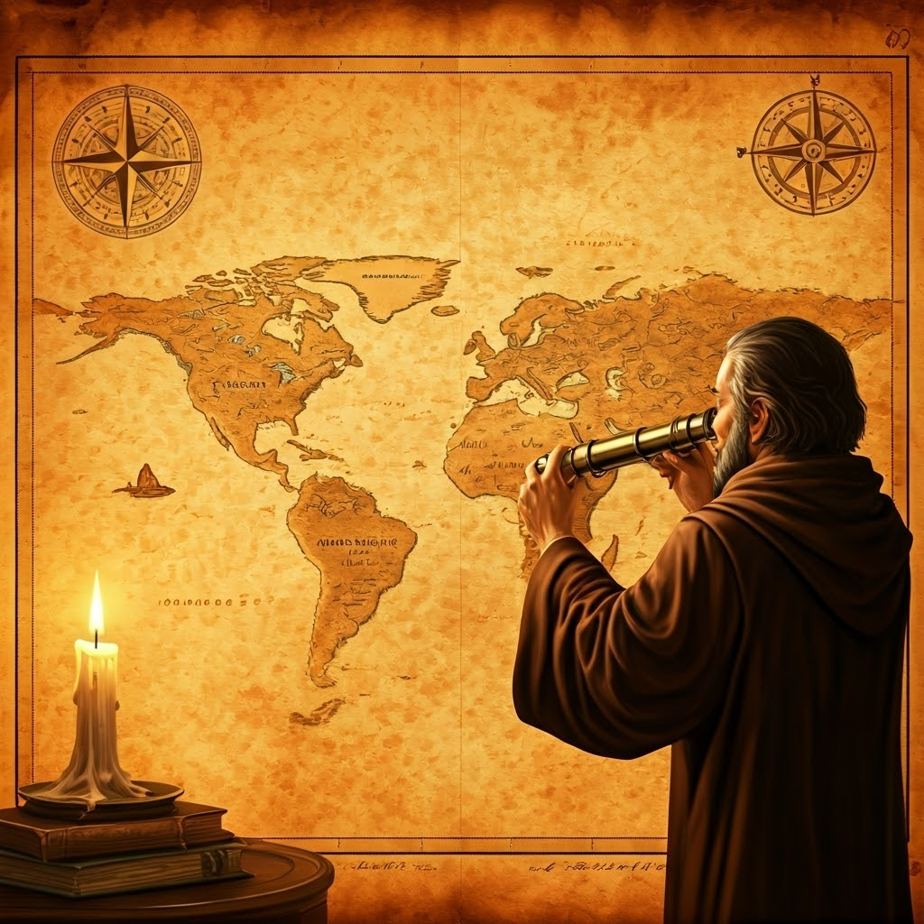 Vintage parchment map labeling Hadean, Archean, Proterozoic, and Phanerozoic as imagined continents lit by candlelight.