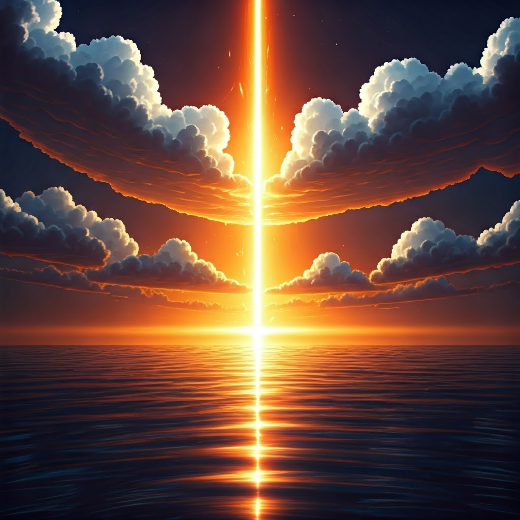 Illustration of sun heating a lake, vapor rising to form clouds in a vivid orange-blue sky