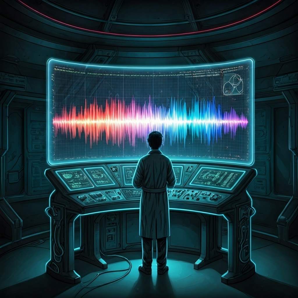 Researcher inspecting Doppler-shifted stellar spectra to measure radial velocity.