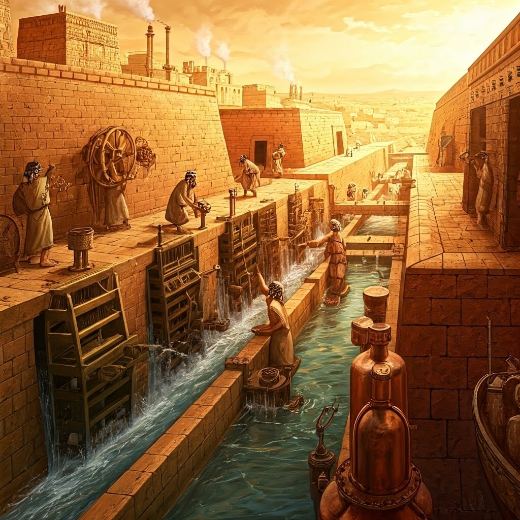 Steampunk-inspired scene of Mesopotamians adjusting mechanical gates and charting water-sharing rules along busy canals.