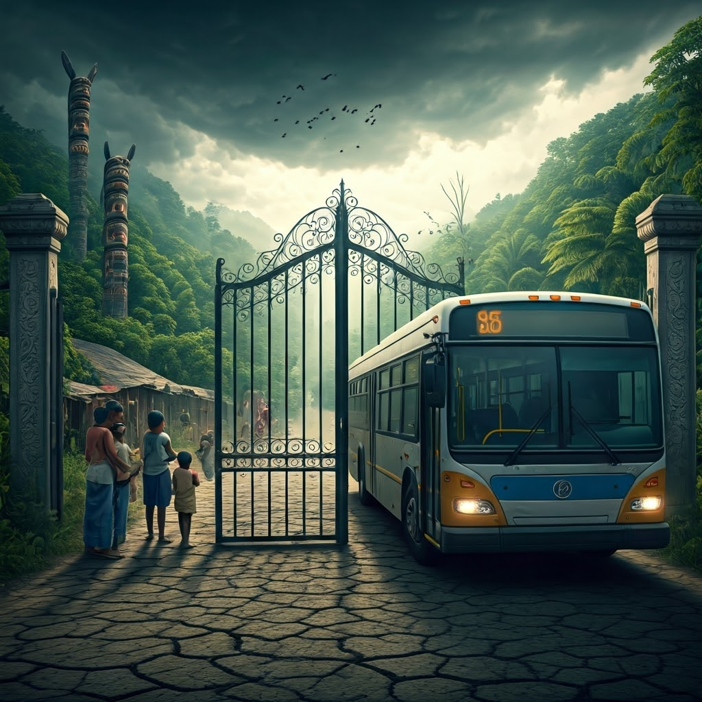 New city bus with wheelchair ramp locked behind a gate while rural families watch from a dirt road, highlighting unequal access