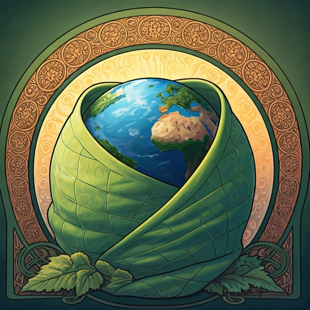 Illustration of Earth wrapped in a patterned green blanket under warm sunlight