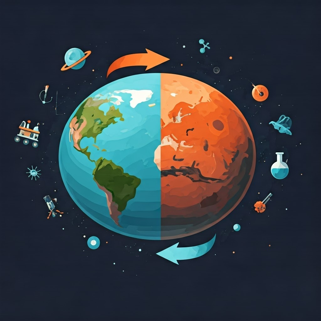 Flat art diagram of arrows between Earth and Mars highlighting forward and backward contamination risks.